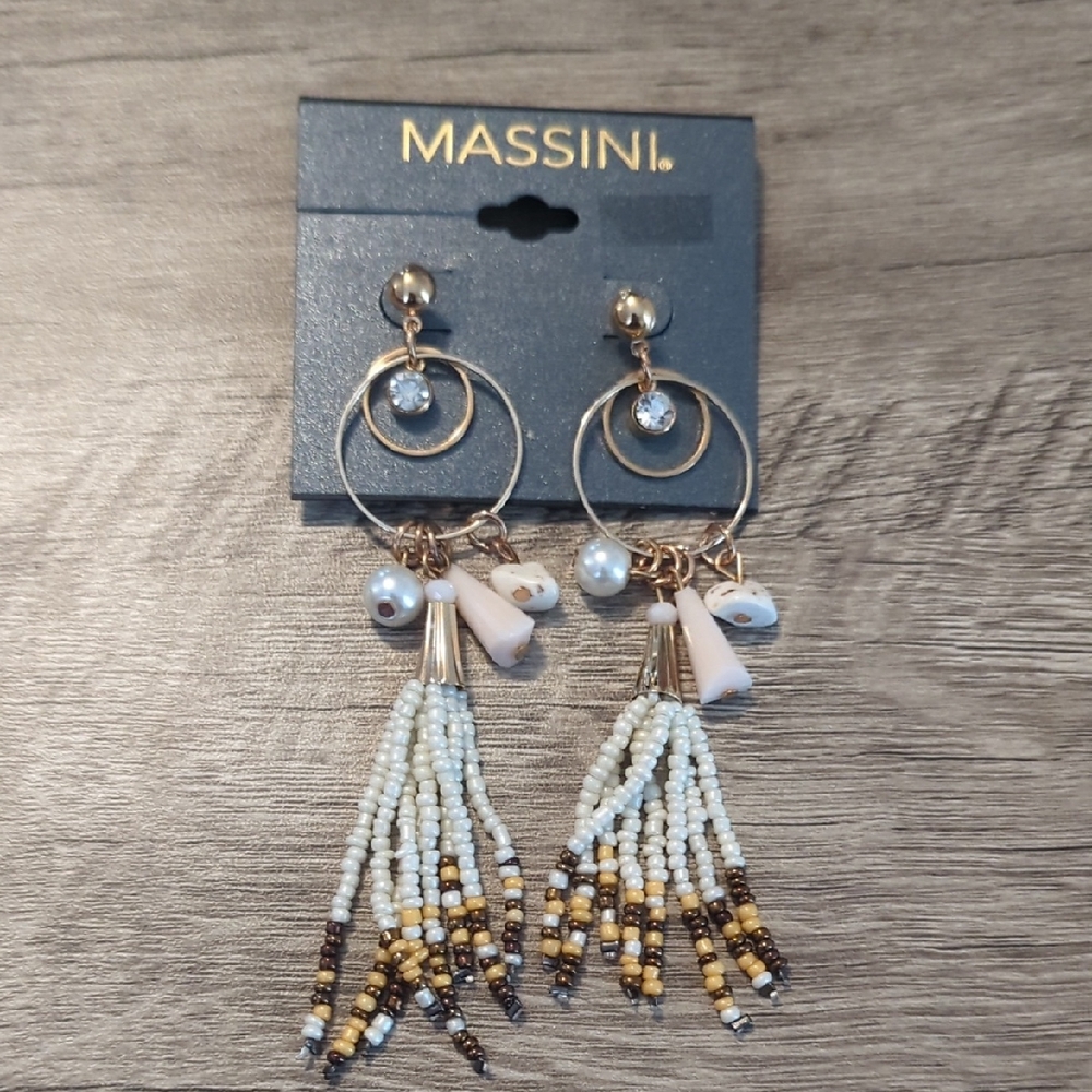 Massini Gold and White Beaded Dangle Earrings